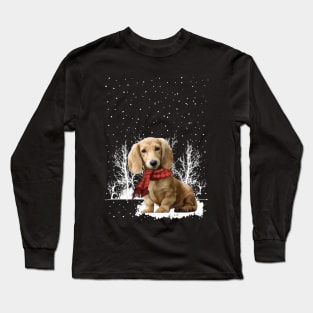 Christmas Cream Dachshund With Scarf In Winter Forest Long Sleeve T-Shirt